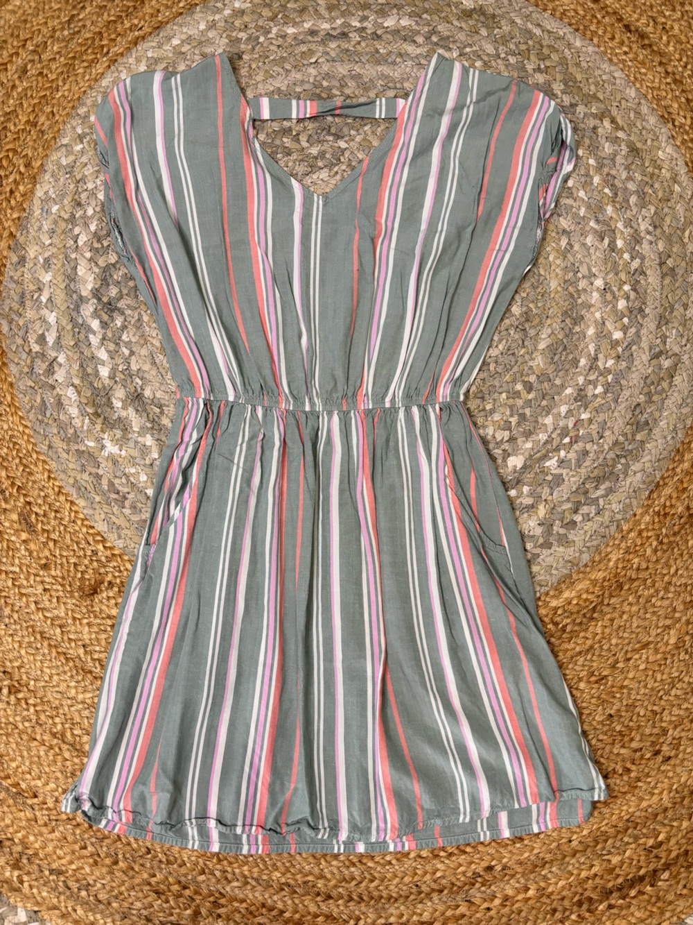 Pink Rose Green Striped Midi Dress with Pink and White Accents